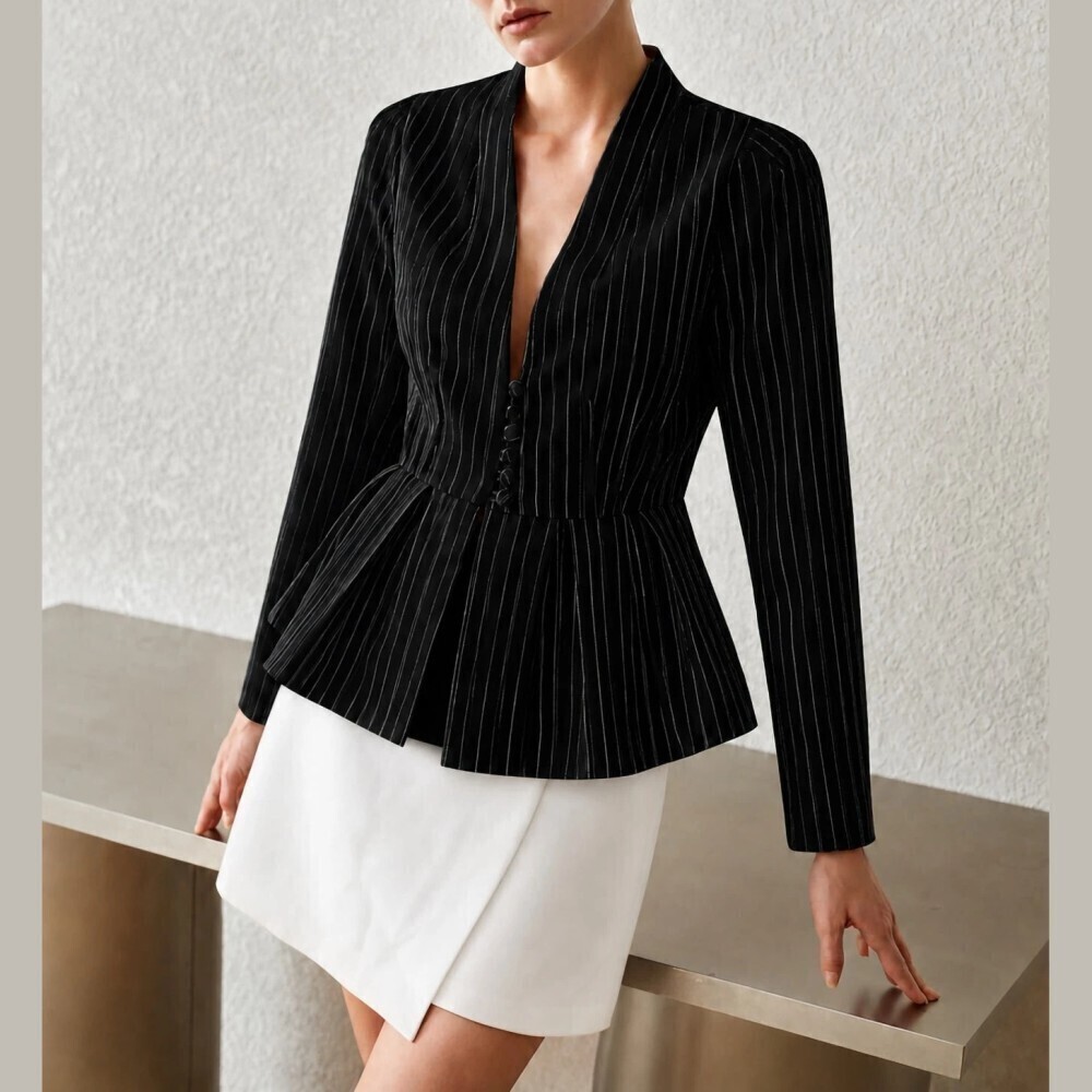 Black Pinstripe Peplum Lightweight Blazer with Deep V Cardigan Collar